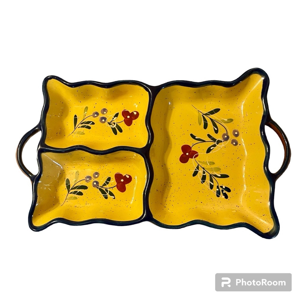 Baum Brothers divided serving dish with handles / golden yellow,blue,green & red